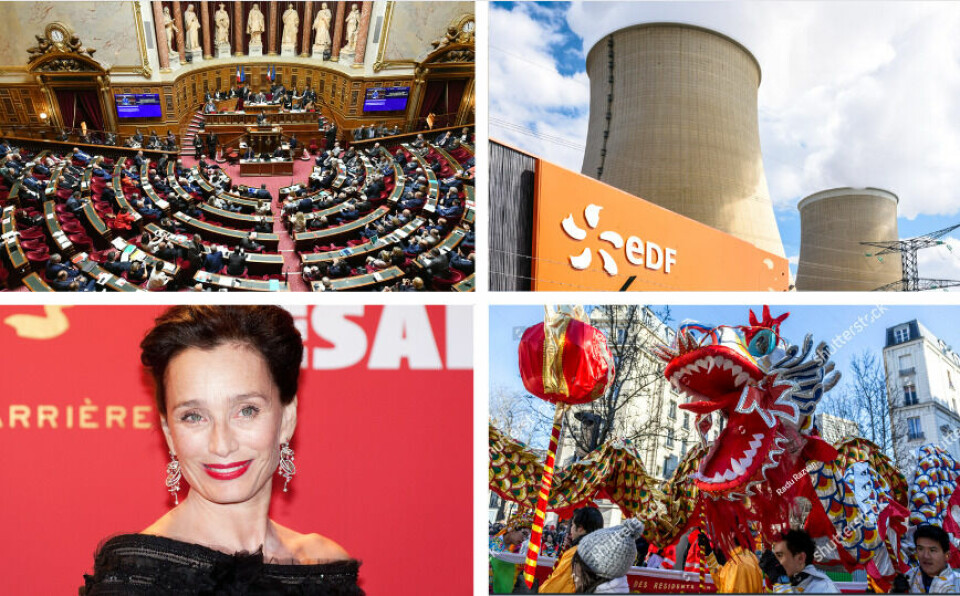 A split photo of the French Senate, EDF nuclear power station, Kristin Scott Thomas at a previous César awards, and a previous Chinese Lunar New Year parade in Paris
