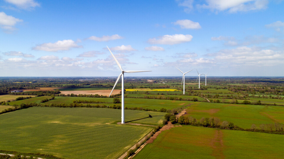 Aerial photo of wind turbines in a field, La Marne, France