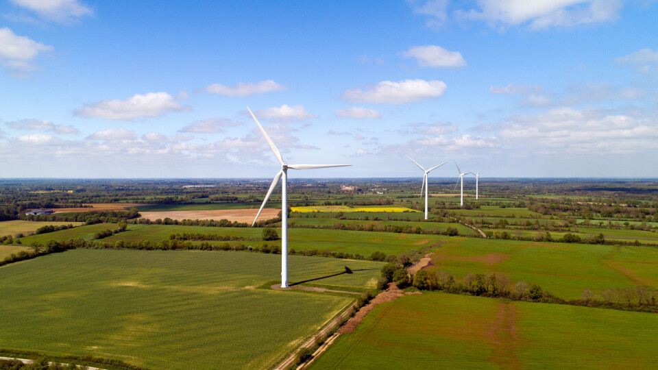 Aerial photo of wind turbines in a field, La Marne, France