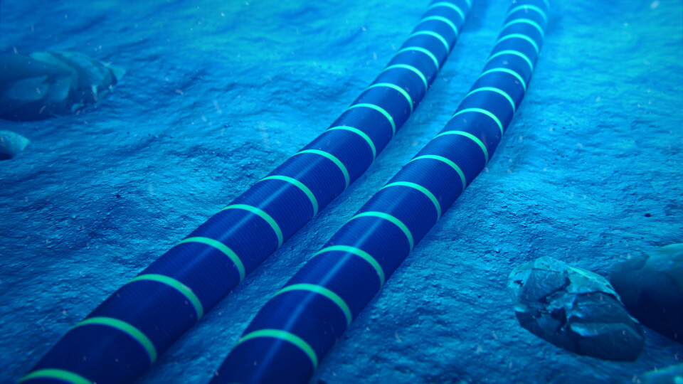 A 3D rendering of two underwater deepsea internet cables