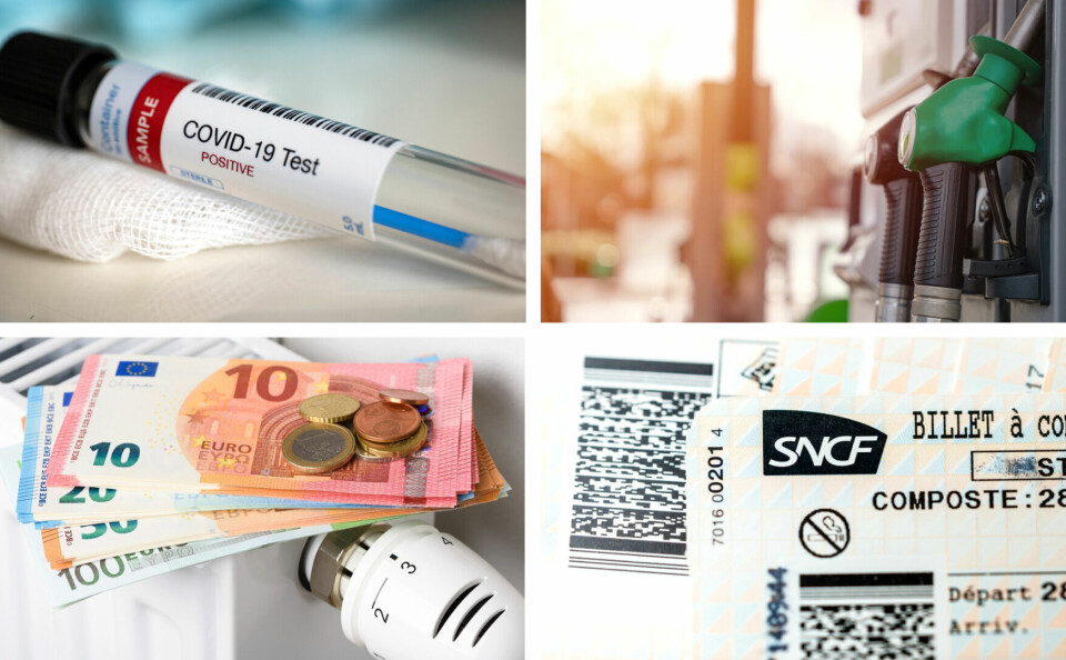 A four part photo showing a positive Covid test, petrol pumps, money on a radiator, and an SNCF paper ticket