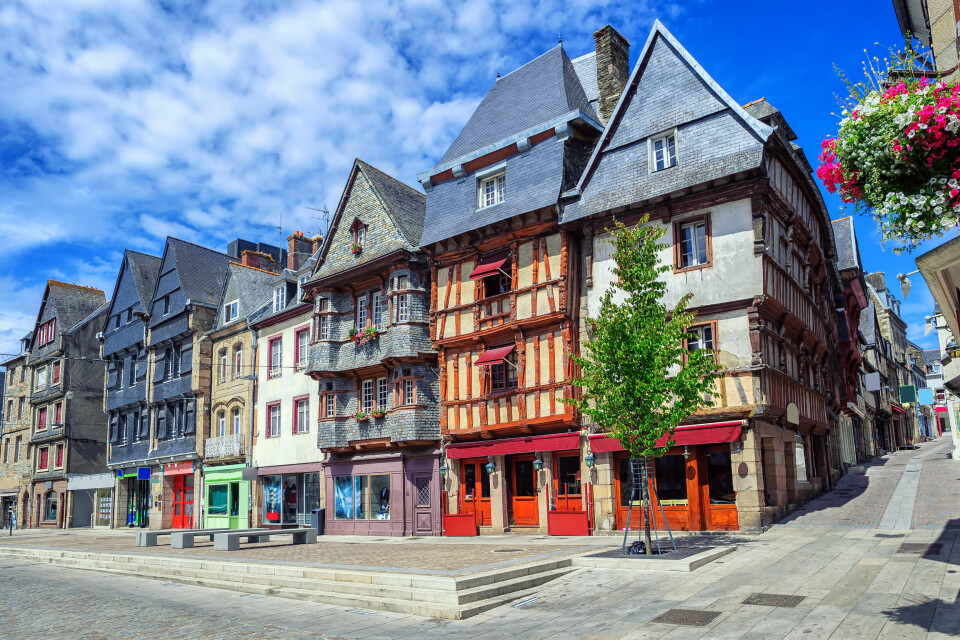 Colourful medieval houses in the historical city centre of Lannion, Brittany, France