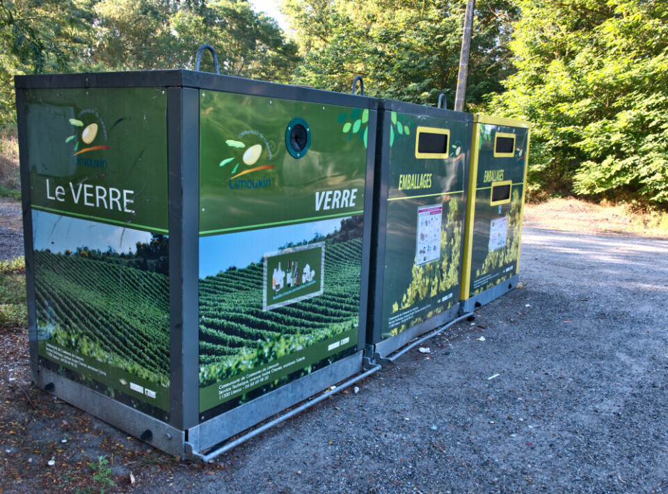 A photo of recycling bins in Limoux, Aude, France