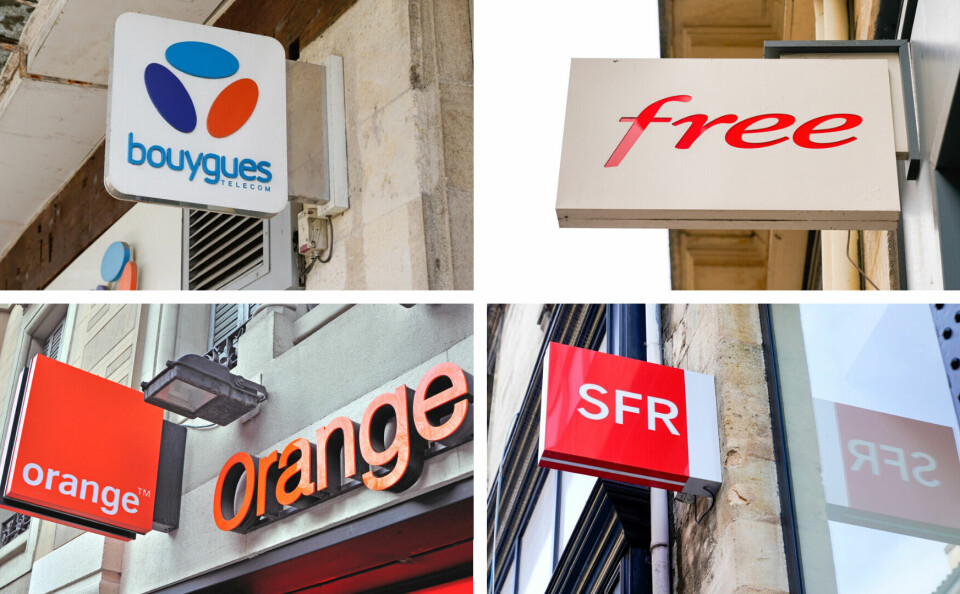 A split four-part photo showing the logos of Bouygues, Free, Orange, and SFR