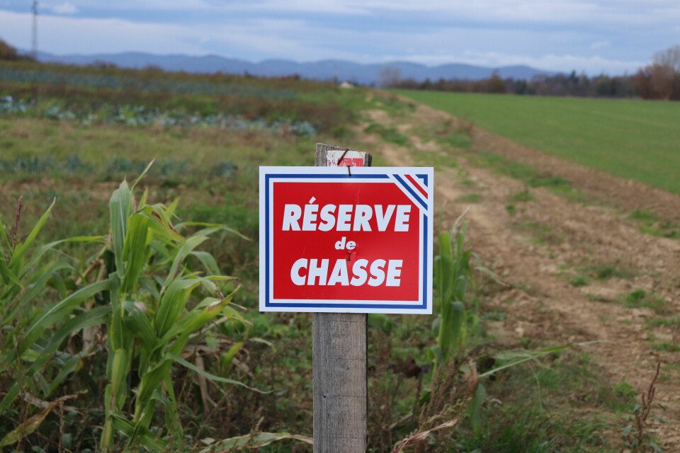 A photo of a Réserve de Chasse sign on a field in France