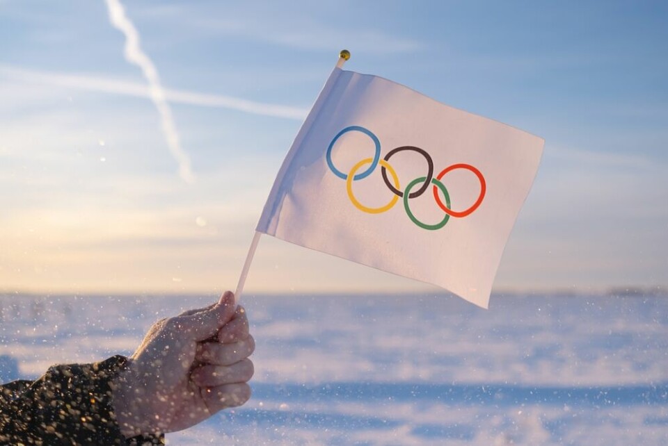 A view of a flag with the Olympic rings against a snowy backdrop