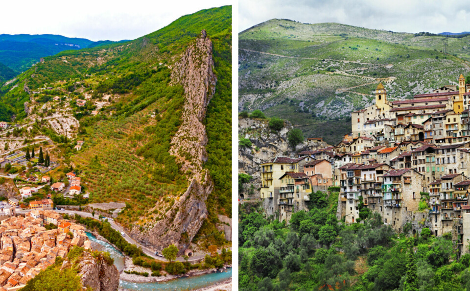 A split two-part photo showing Entrevaux on the left and Saorge on the right