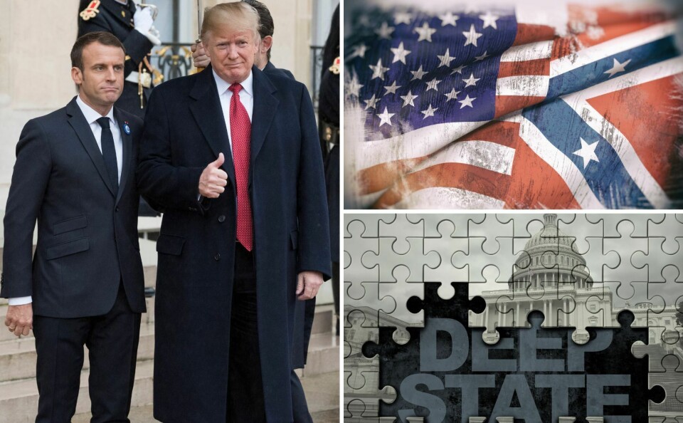 Shutterstock / Enrique Ramos / Lightspring / Frederic Legrand - COMEO A split image of President Macron, President Trump, and a graphic reading Deep State