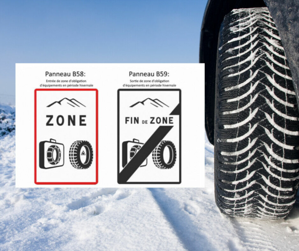 An image of the winter tyre road signs on a snowy background including a winter tyre