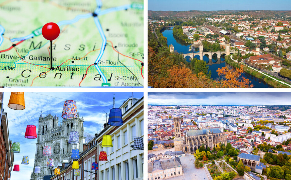 Dmitrijs Kaminskis / Yuryev Pavel / BearFotos / Sylvie Jota / Shutterstock A four-part photo of Aurillac, Cahors, Limoges, and Amiens