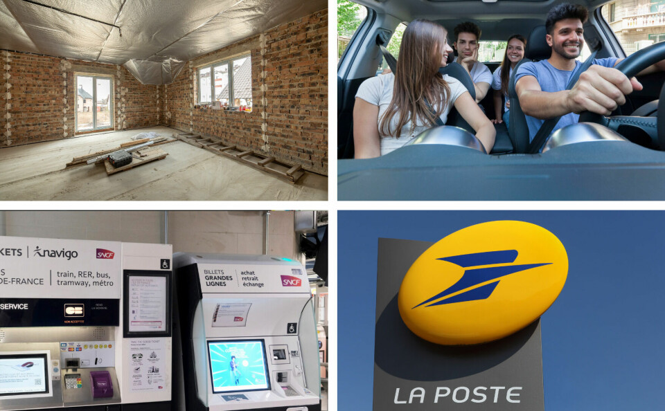 A split image of a home renovation, four people sharing a lift in a car, a Navigo pass and transport ticket machine and the La Poste logo