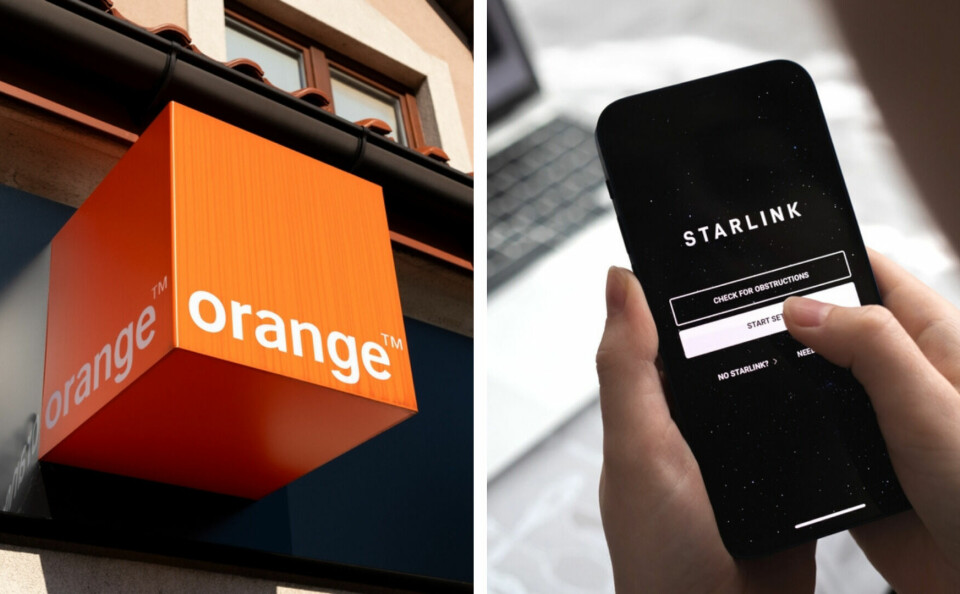A view of the Orange logo outside a shop next to the Starlink logo on a phone