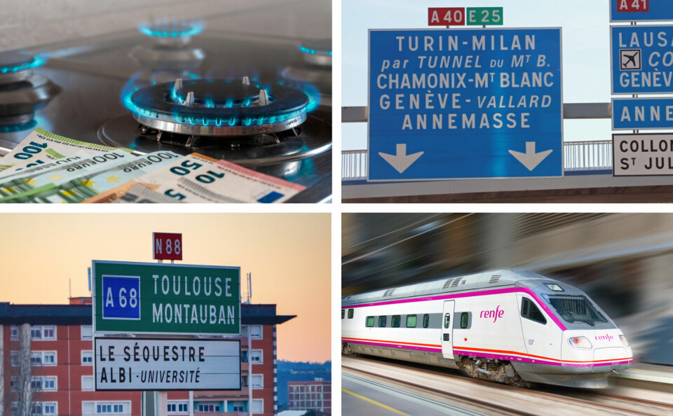 A split four photo of a gas ring and euros, a sign to the Mont Blanc tunnel, a sign on the A68 motorway, and a Renfe train travelling fast
