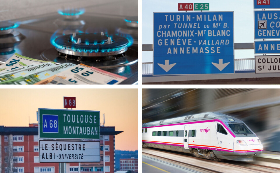 ChiccoDodiFC / Sergey Neanderthalec / V_E / Spech / Shutterstock A split four photo of a gas ring and euros, a sign to the Mont Blanc tunnel, a sign on the A68 motorway, and a Renfe train travelling fast
