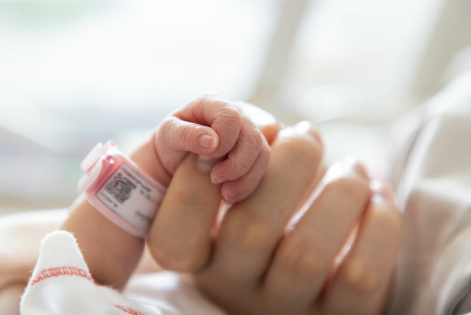 A view of a newborn baby with a hospital bracelet on
