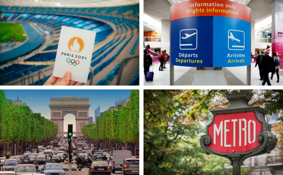 A four-way split image of a Paris 2024 ‘ticket’, a Paris metro sign, cars in central Paris, and signs in Charles de Gaulle airport