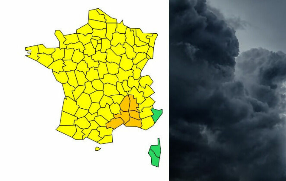 A map of the departments under storm alerts next to an image of dark storm clouds