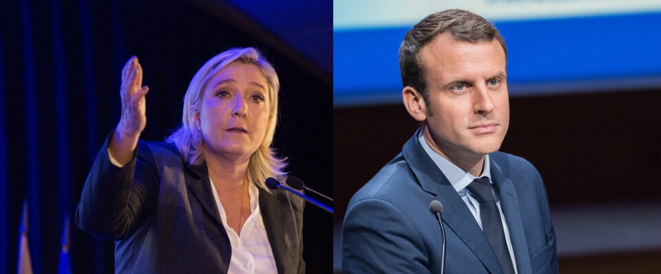 A split image of Marine Le Pen and Emmanuel Macron, both during speeches