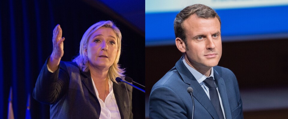 A split image of Marine Le Pen and Emmanuel Macron, both during speeches