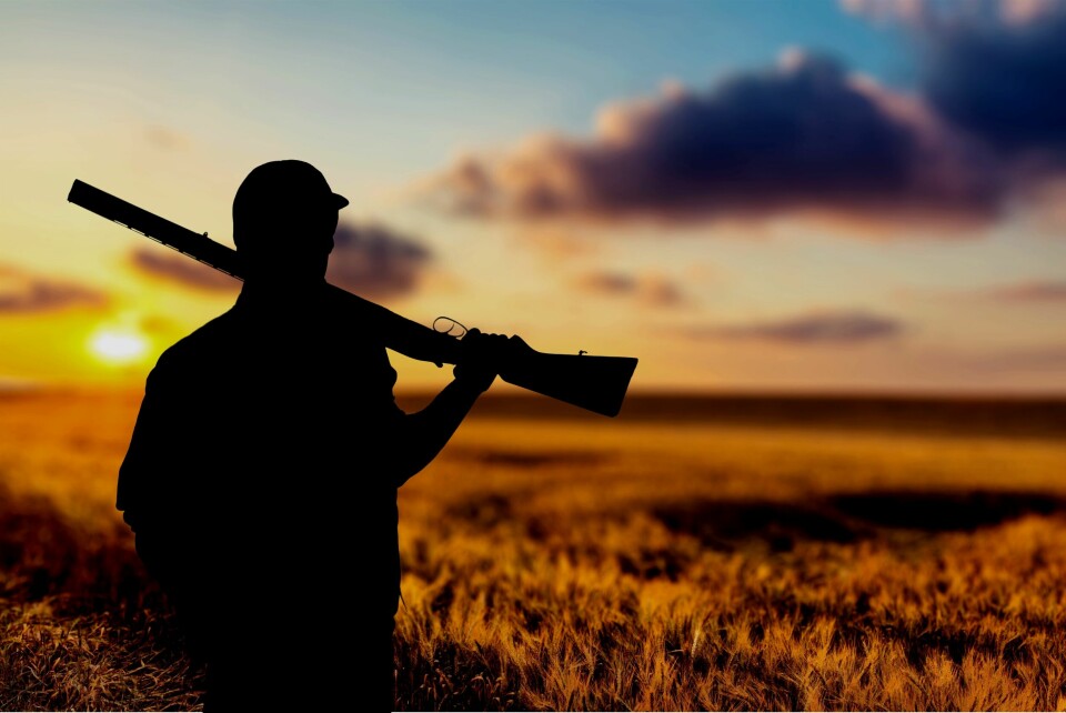 A silhouette of a man holding a shooting rifle, against a sunset background