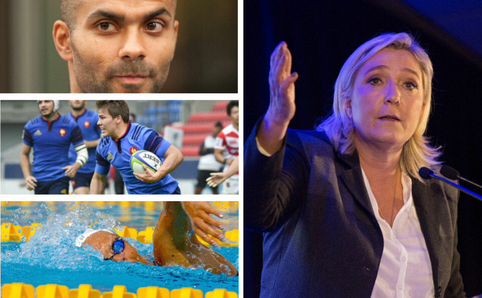 A split image with Marine Le Pen on one side and photos of sports stars Tony Parker, Antoine Dupont and Laure Manaudou on the other