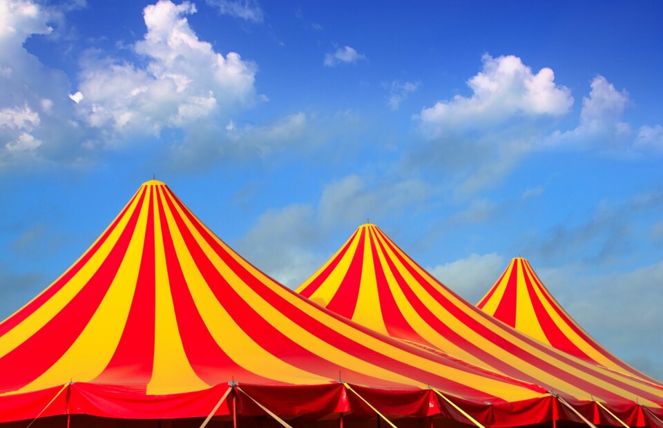 The tops of a colourful circus tent against a blue sky