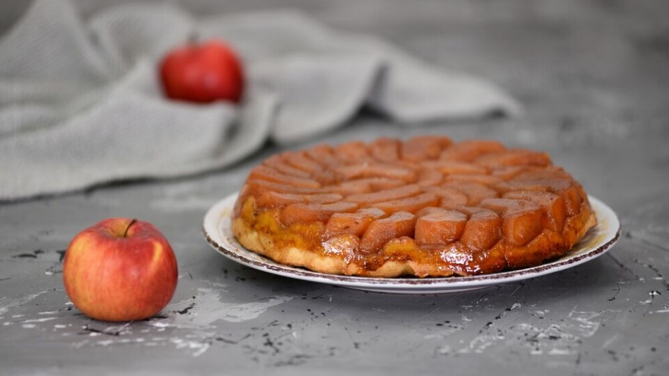 A view of a tarte Tatin on a plate with some apples scattered around it