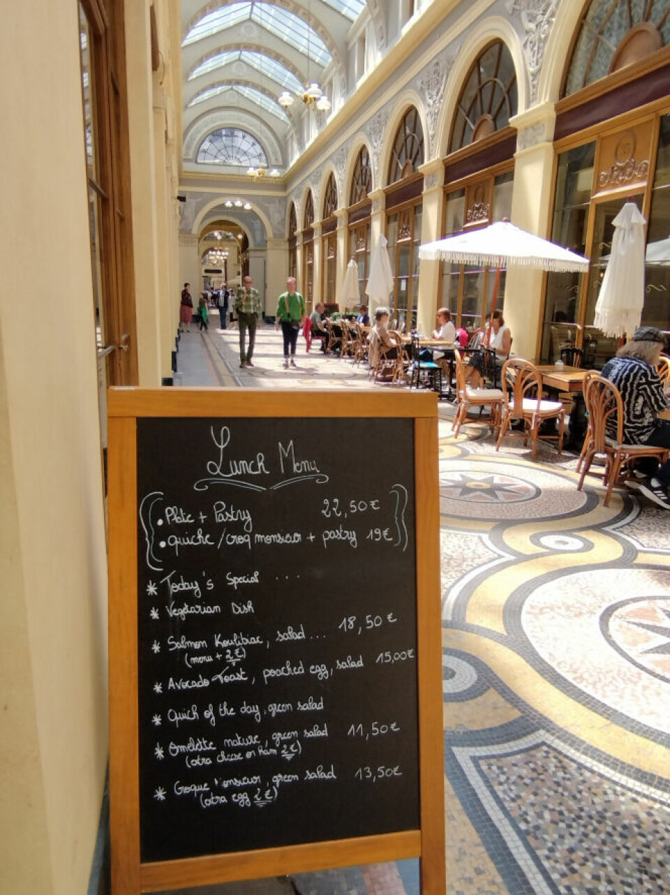 A café chalkboard with a menu in Gallerie Vivienne