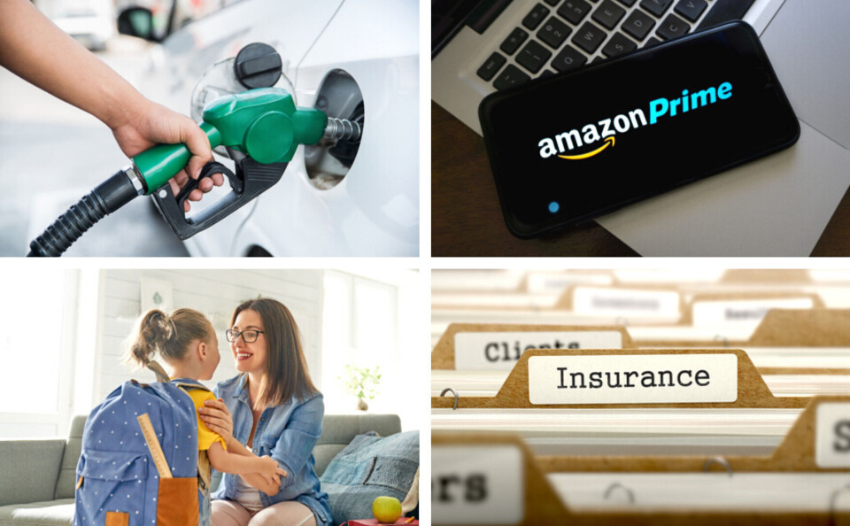 Photos showing a petrol pump, Amazon Prime, a kid going back to school, and an insurance file