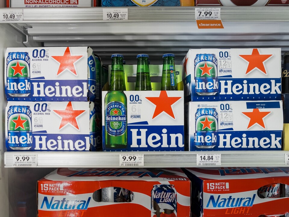 A supermarket shelf with zero alcohol 0.0% Heineken beer cases