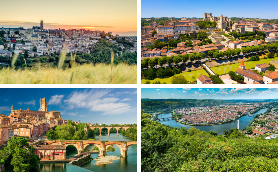 A four-way split photo showing Rodez, Auch, Cahors, and Albi