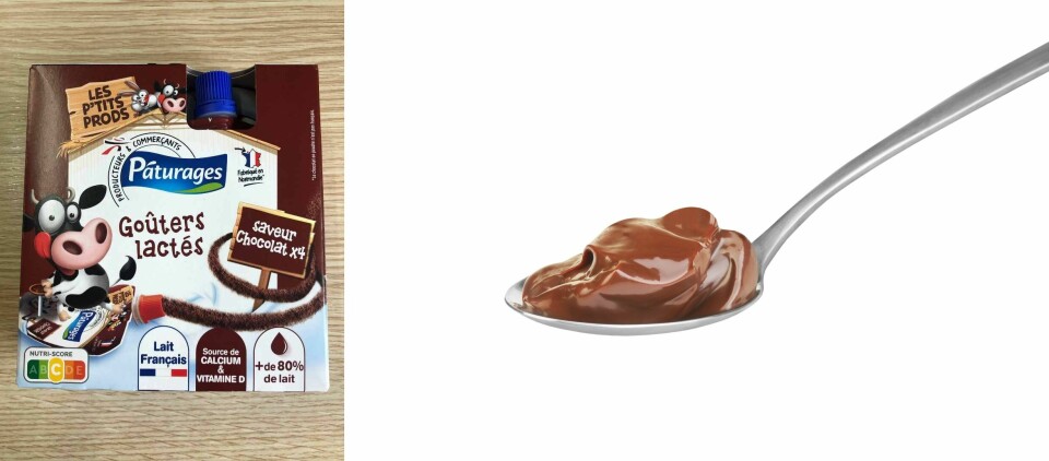 A split image of the Gouters lactés snack packaging and of chocolate yoghurt on a spoon