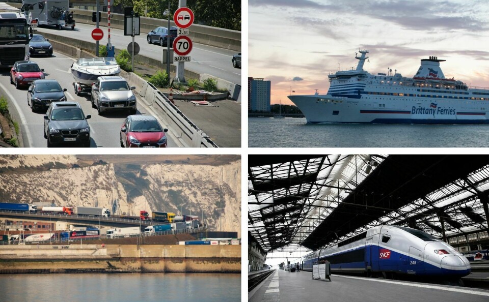 A split image of traffic, a Brittany Ferries ship, an SNCF train and the Port of Dover
