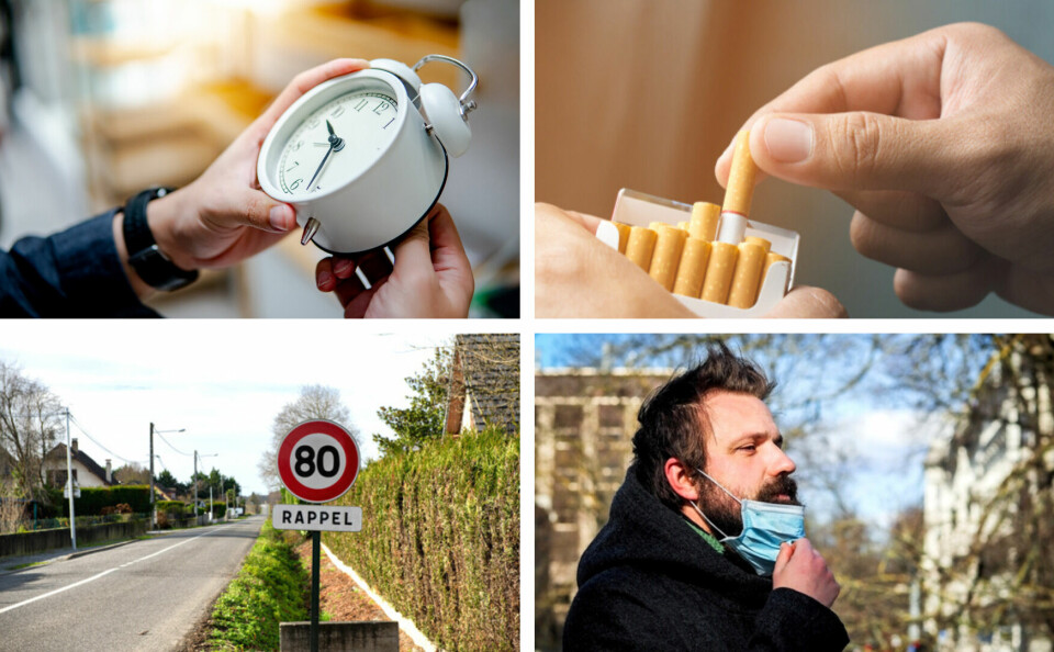 Four photos, one with a hand changing the clock, a closeup of a cigarette pack, an 80 speed limit sign, and a man taking down his mask outside