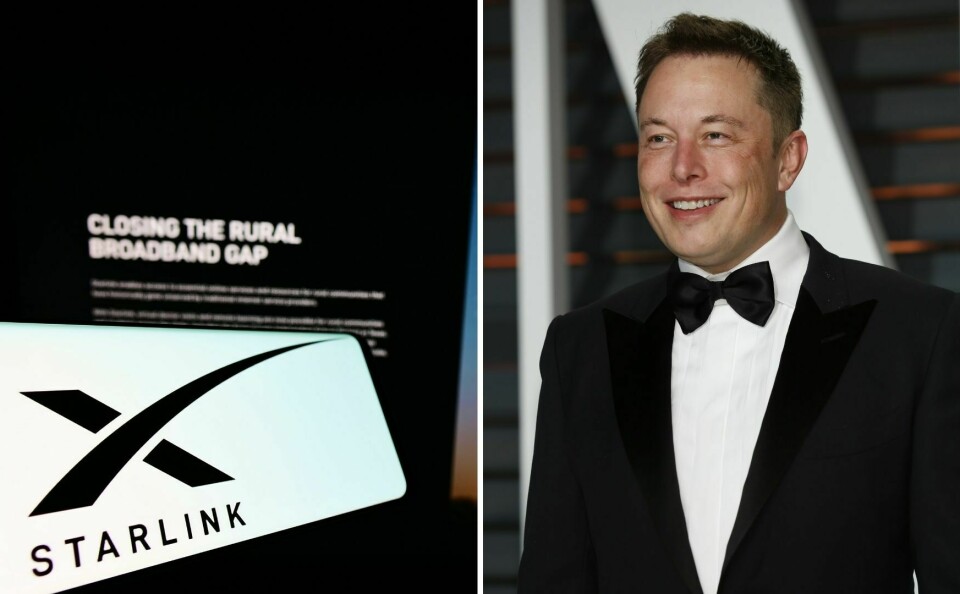 Starlink logo and Elon Musk in a tuxedo
