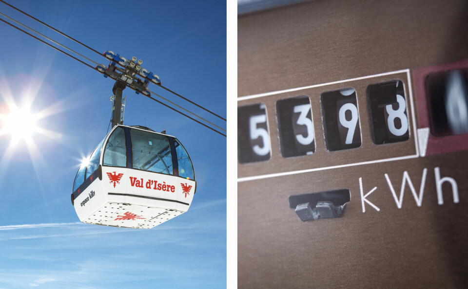 A split photo showing a Val d’Isere ski lift on one side and an energy meter reading on the other