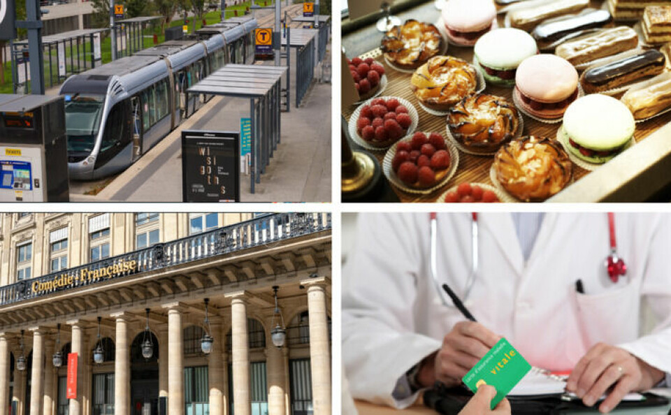 A split image of a Comédie francaise, a French patisserie display, a tram in Toulouse and a French doctor