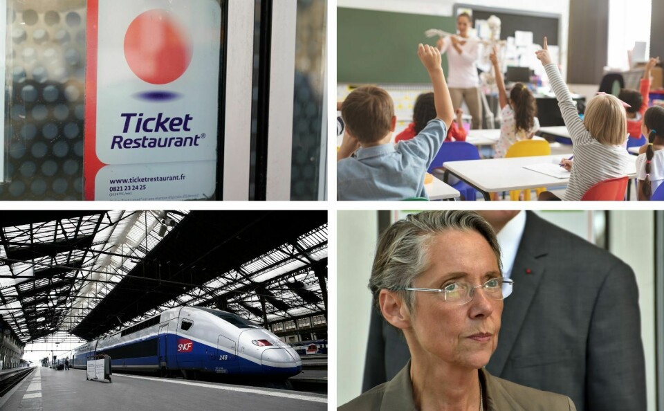a split image of a ticket restaurant sign, children putting their hands up in a classroom, an SNCF train and Prime Minister Elisabeth Borne