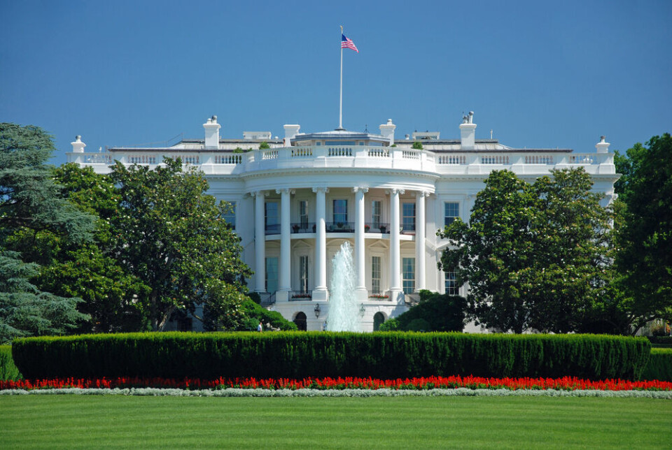 A photo of the US White House and gardens on a nice day