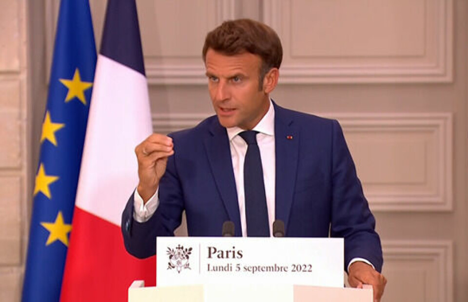 An image of President Macron speaking during a press conference on September 5, 2022