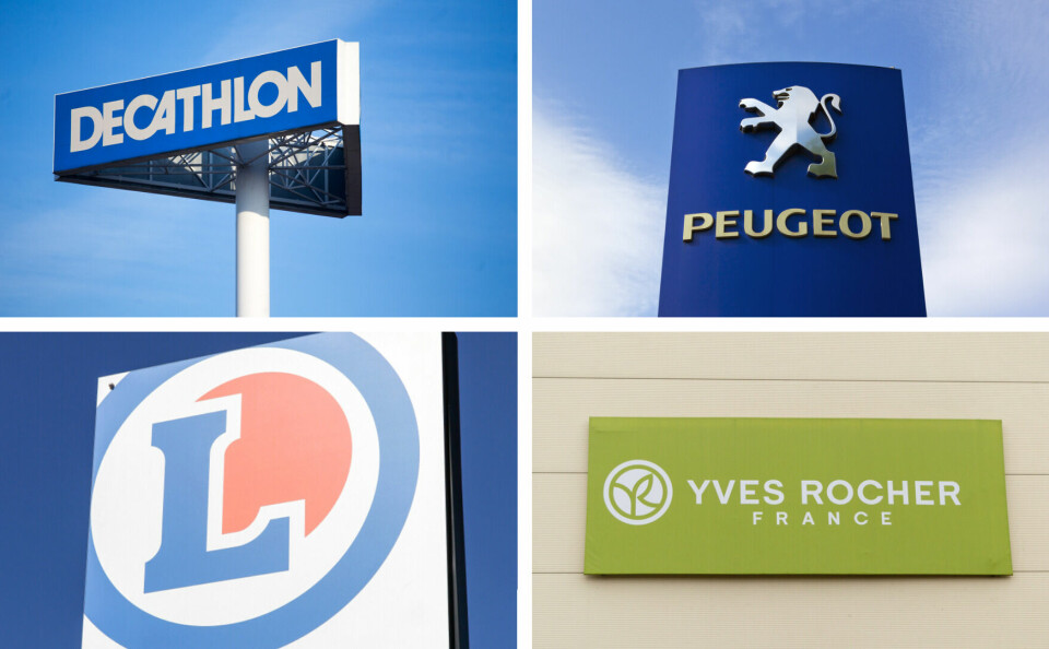 A split photo showing the logos for Decathlon, Peugeot, E. Leclerc, and Yves Rocher
