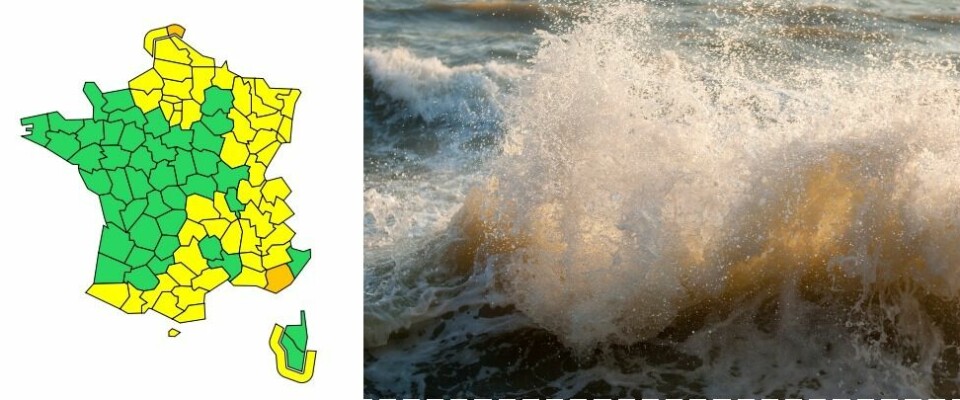 A split image with a map of the weather alerts on the left and a picture of strong waves on the right