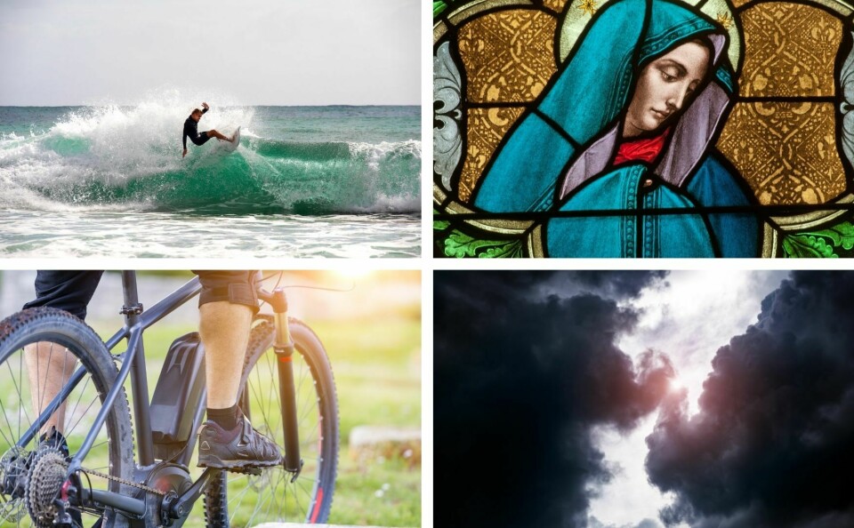 A split image of a person surfing, a stained glass window showing the Virgin Mary, an electric bike and storm clouds