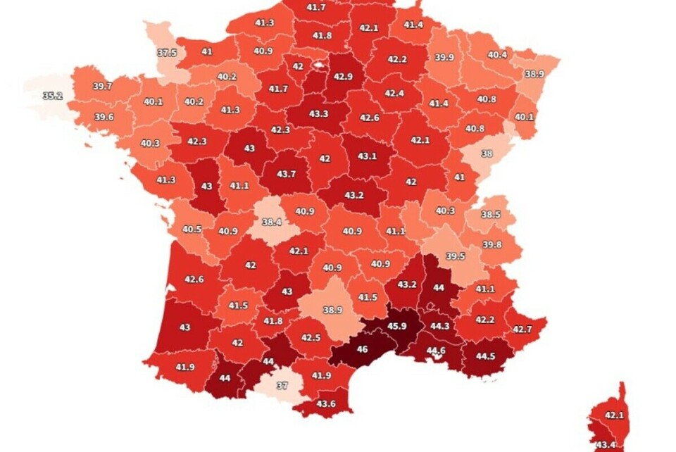 The Connexion / Flourish A colour-coded department showing the highest temperature record per department, by shades of red