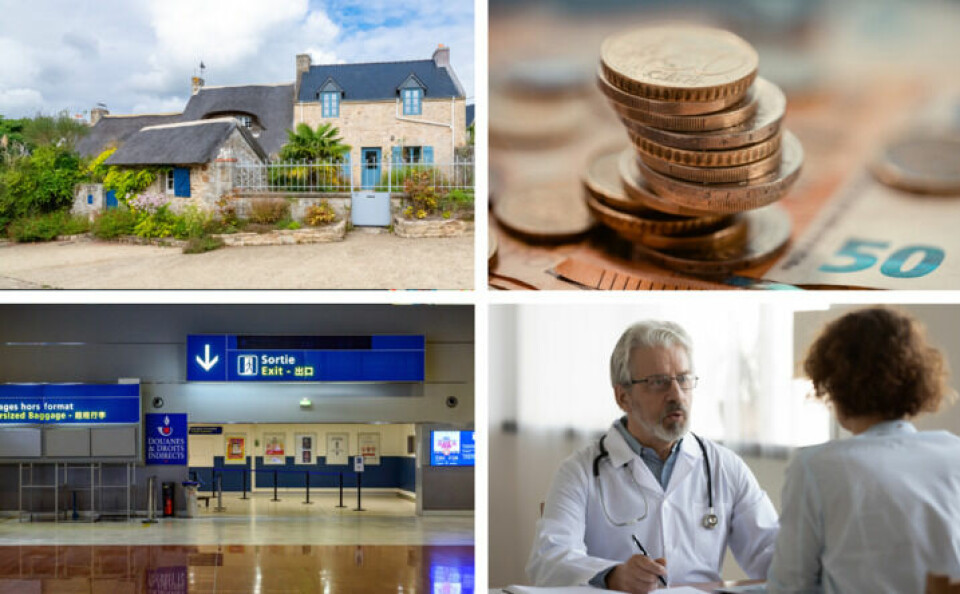 A split image of a house in France, a pile of euros, the exit at a French airport and a doctor speaking with a patient