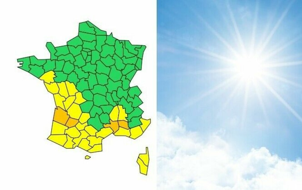 A map of France showing the heatwave restrictions and a picture of the sun in a blue sky