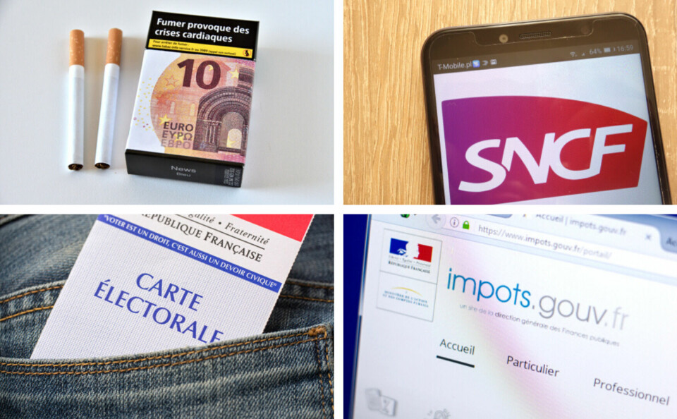A composite of 4 images; cigarettes, voting rights, SNCF website, and tax website