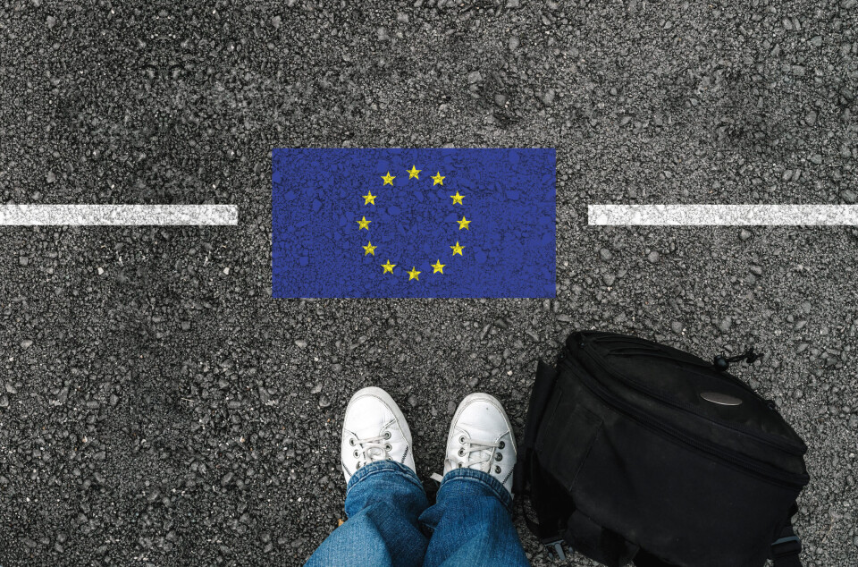 A photo of a man standing at a border with the EU flag