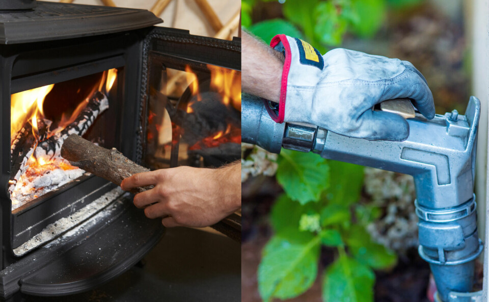 An image of a wood-burning stove next to an image of a man's hand attaching a hose to an oil tank