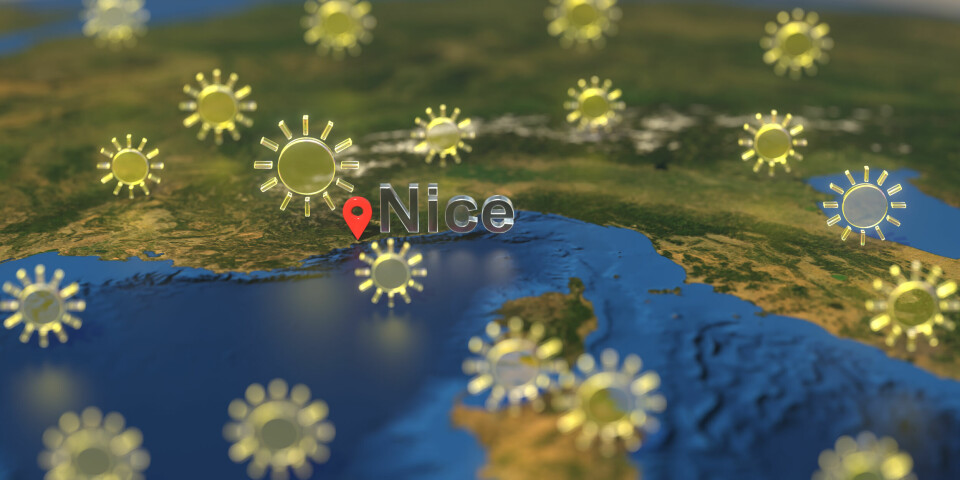 A graphic of a map of Nice with weather forecast signs layered over the top